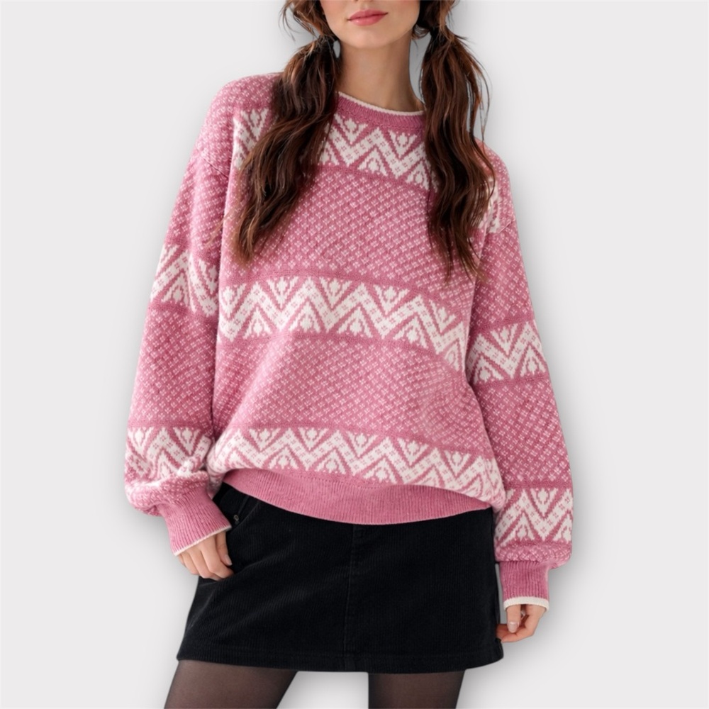 Vintage Pink Nordic Pattern Sweater Cozy Cottagecore Knit Pullover Large - Picture 2 of 12